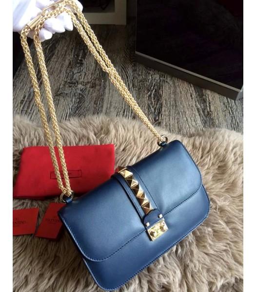 Valentino Noir Shoulder Bag With Dark Blue Original Leather Golden Chain
