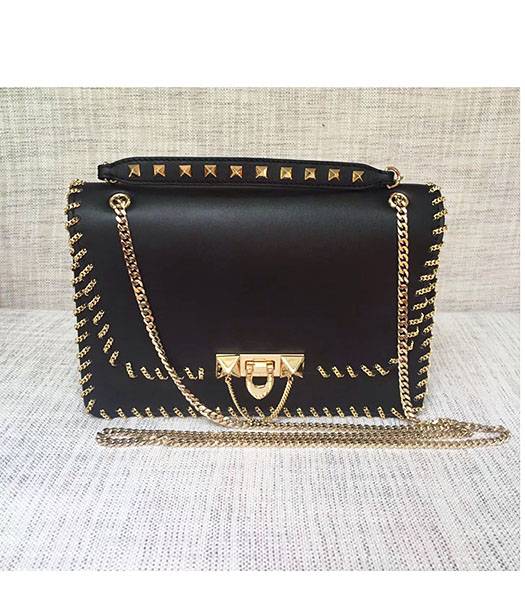 Valentino Original Leather Rivets Golden Chains Bag Black