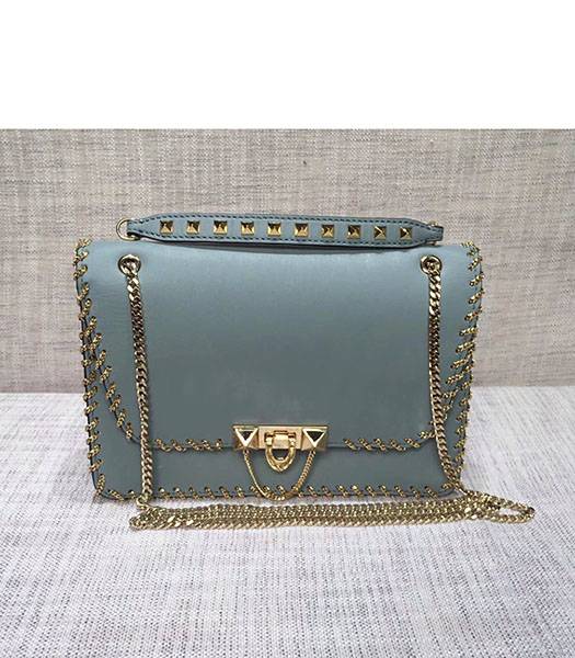 Valentino Original Leather Rivets Golden Chains Bag Blue