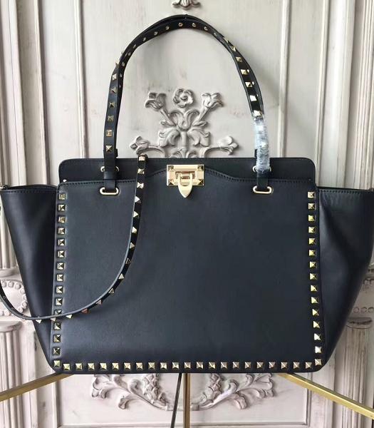 Valentino Rcckstud Golden Rivet Imported Plain Veins Calfskin Leather Shopping Bag Black