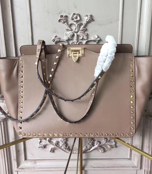 Valentino Rcckstud Golden Rivet Imported Plain Veins Calfskin Leather Shopping Bag Nude Pink