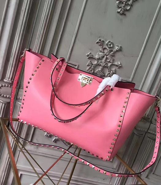 Valentino Rcckstud Golden Rivet Imported Plain Veins Calfskin Leather Shopping Bag Pink