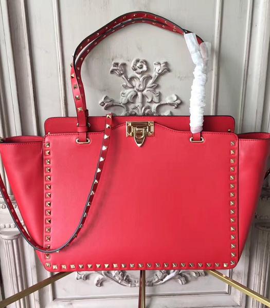 Valentino Rcckstud Golden Rivet Imported Plain Veins Calfskin Leather Shopping Bag Red
