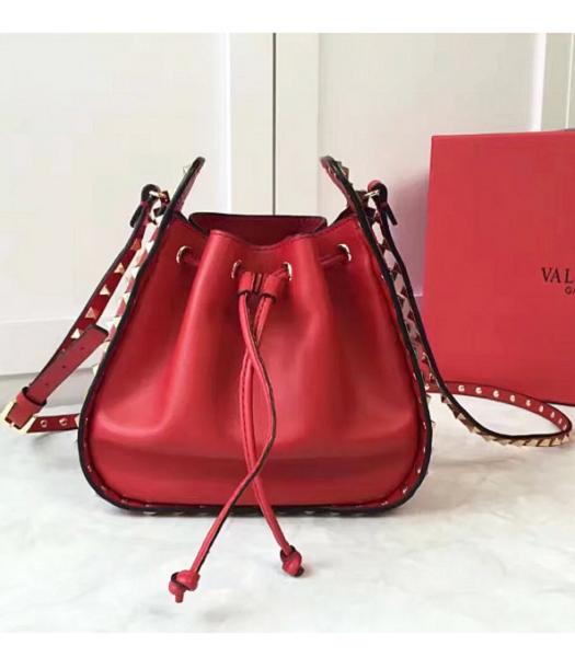 Valentino Red Leather Golden Rockstud Small Bucket Bag