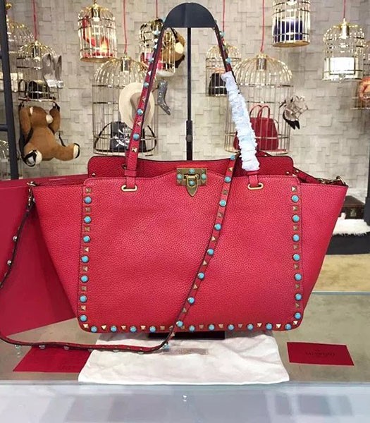 Valentino Red Leather Rockstud Turquoise Tote Bag Golden Nail