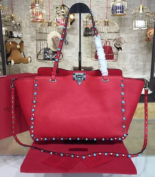 Valentino Red Leather Rockstud Turquoise Tote Bag Silver Nail