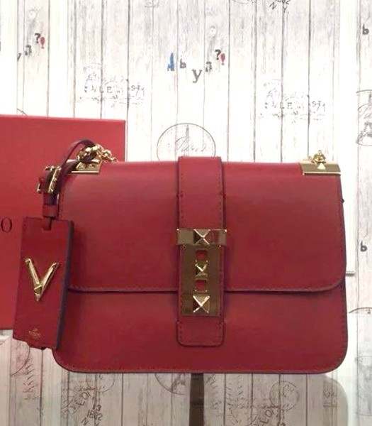 Valentino Red Original Leather Chain Shoulder Bag Golden Metal