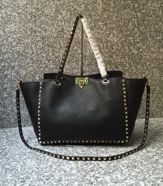 Valentino Rockstud Golden Rivet Black Litchi Calfskin Leather Tote Shopping Bag