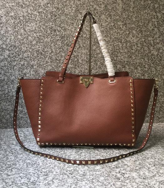 Valentino Rockstud Golden Rivet Brown Litchi Calfskin Leather Tote Shopping Bag