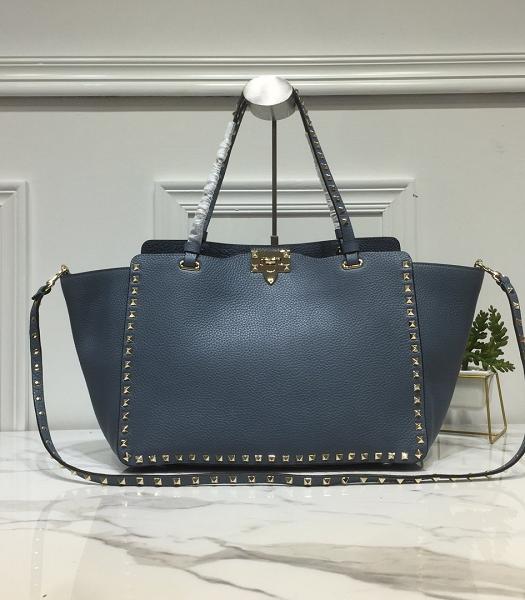 Valentino Rockstud Golden Rivet Grey Blue Litchi Calfskin Leather Tote Shopping Bag