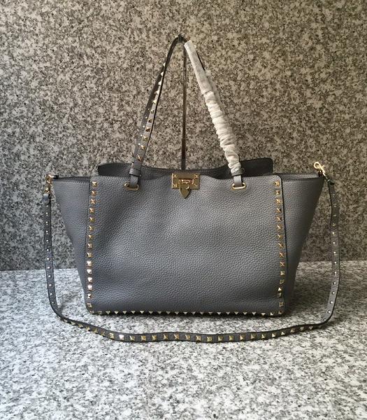 Valentino Rockstud Golden Rivet Grey Litchi Calfskin Leather Tote Shopping Bag