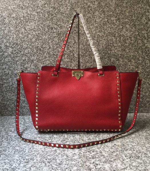 Valentino Rockstud Golden Rivet Red Litchi Calfskin Leather Tote Shopping Bag
