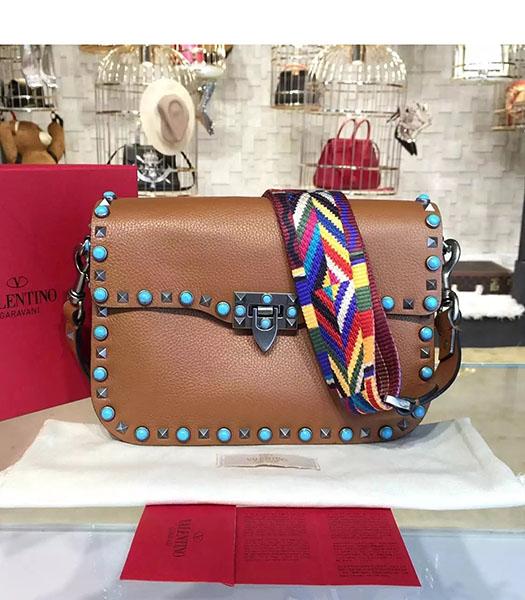 Valentino Rockstud Rolling Turquoise Bag Brown Calfskin Leather Silver Nail