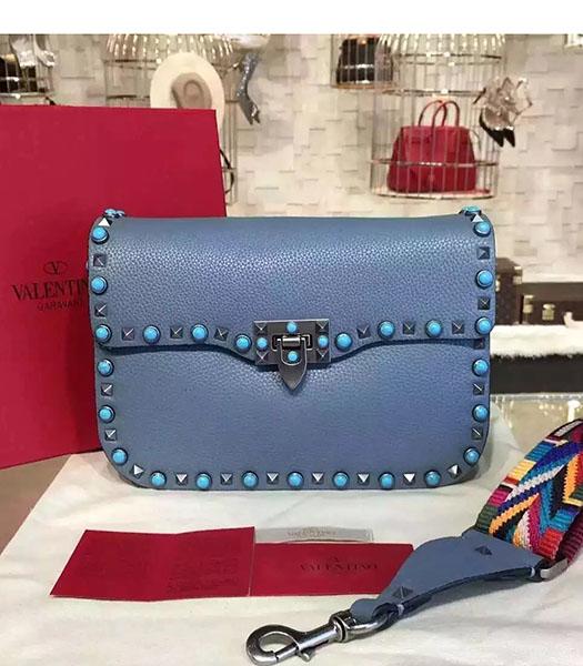 Valentino Rockstud Rolling Turquoise Bag Deep Blue Calfskin Leather Silver Nail