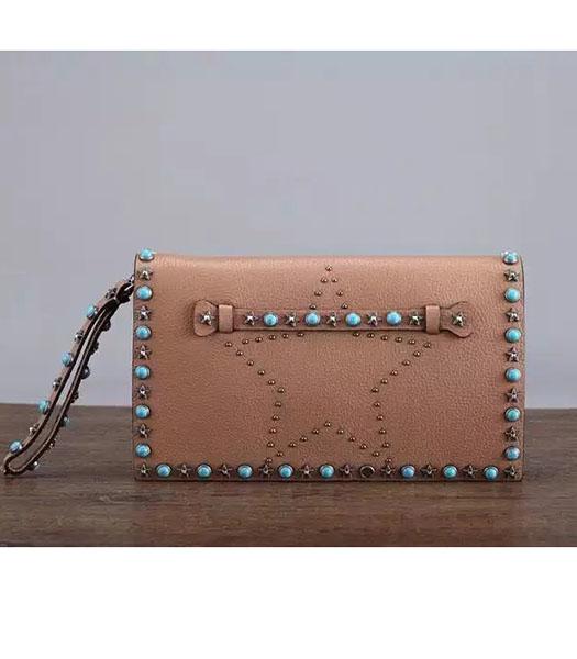 Valentino Rockstud Turquoise Brown Calfskin Leather Clutch