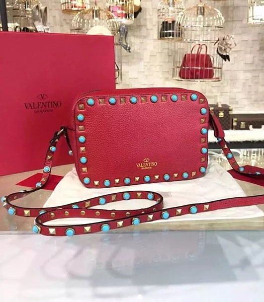 Valentino Rockstud Turquoise Crossbody Bag Red Calfskin Leather Golden Nail