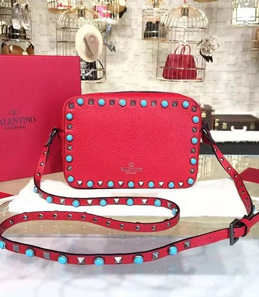 Valentino Rockstud Turquoise Crossbody Bag Red Calfskin Leather Silver Nail