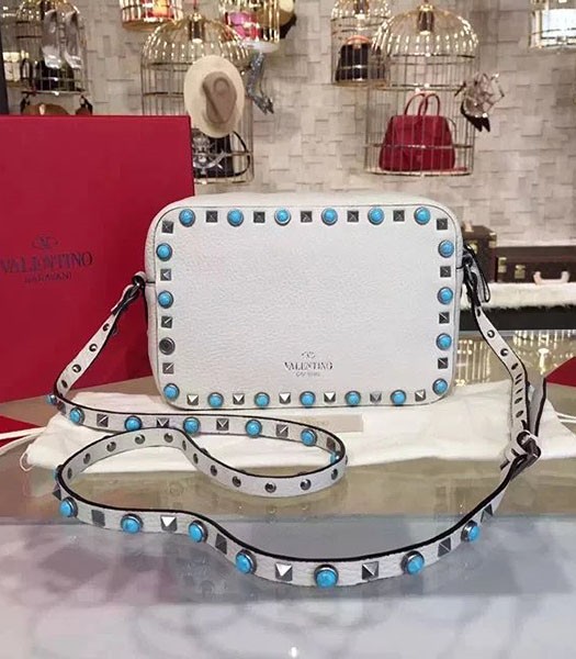 Valentino Rockstud Turquoise Crossbody Bag White Calfskin Leather Silver Nail