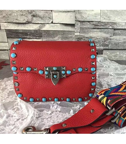 Valentino Rockstud Turquoise Red Calfskin Leather Small Shoulder Bag