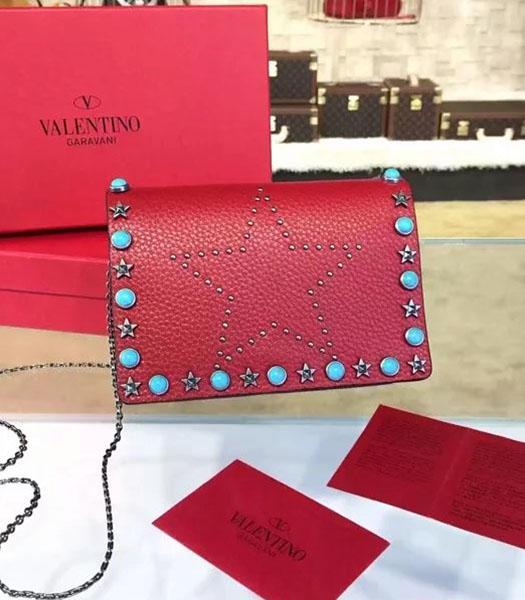 Valentino Rockstud Turquoise Star Red Calfskin Leather Shoulder Bag