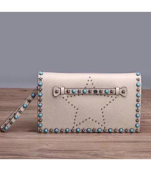 Valentino Rockstud Turquoise Star White Calfskin Leather Clutch