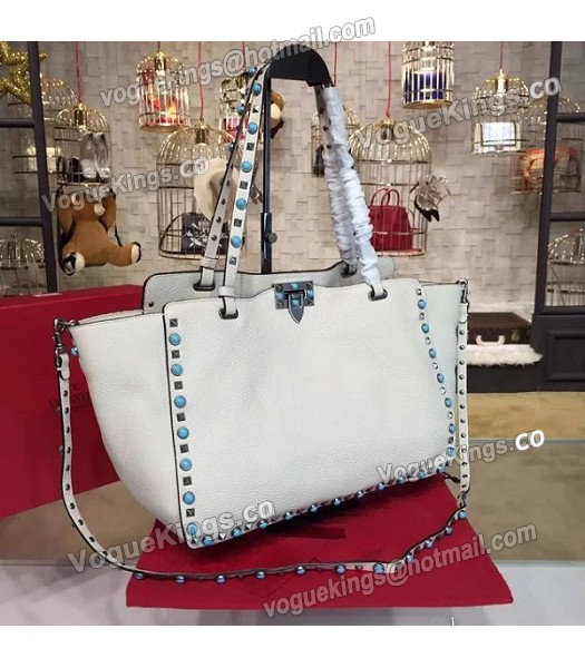 Valentino White Leather Rockstud Turquoise Tote Bag Silver Nail-1
