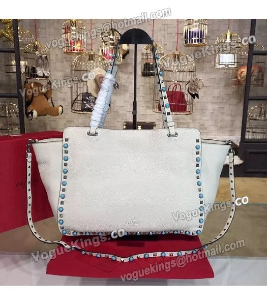 Valentino White Leather Rockstud Turquoise Tote Bag Silver Nail-2