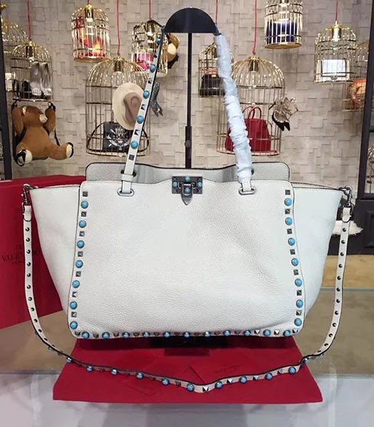 Valentino White Leather Rockstud Turquoise Tote Bag Silver Nail