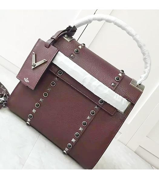 Valentino Wine Red Litchi Veins Leather Rivets Decorative Tote Bag