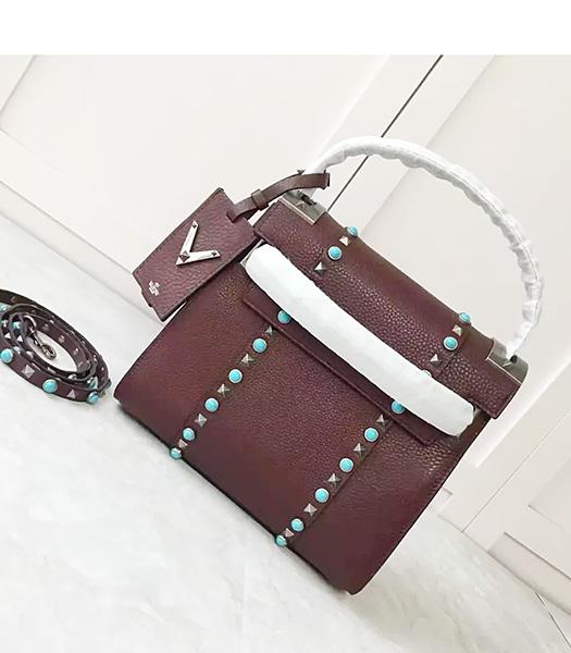 Valentino Wine Red Litchi Veins Leather Rivets Sapphire Tote Bag