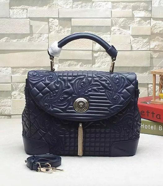 Versace Embroidered Original Sheepskin Leather Tote Bag Dark Blue