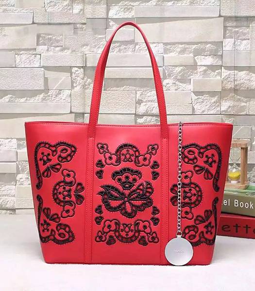 Versace Original Calfskin Leather Flower Printed Tote Bag Red