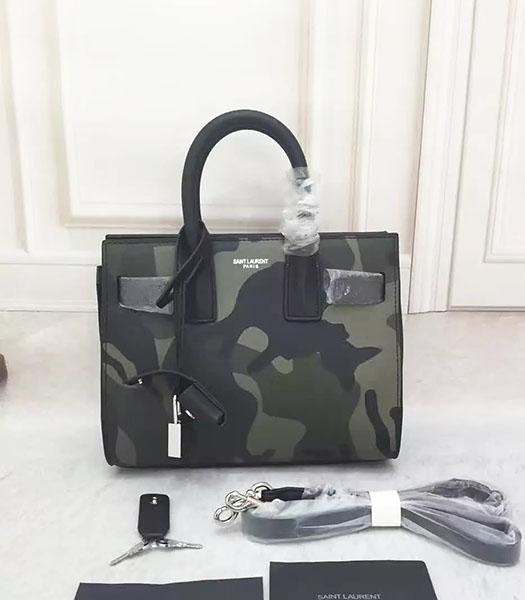 YSL Army Green Calfskin Leather Plain Veins Camouflage Tote Bag
