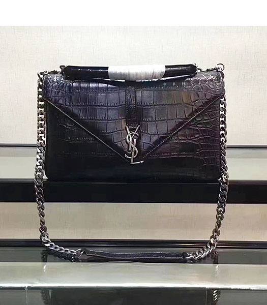 YSL Black Croc Veins Leather Silver Chains 32cm Top Handle Bag