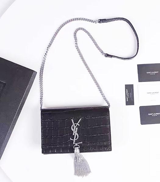 YSL Black Croc Veins Leather Tassel Chains Small Bag