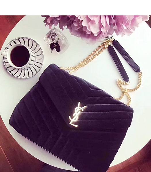 YSL Black Matelasse Velvet Leather Loulou Golden Chains 30cm Bag