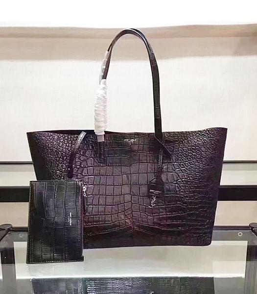YSL Black Original Croc Veins Leather Tassel Shopping Bag
