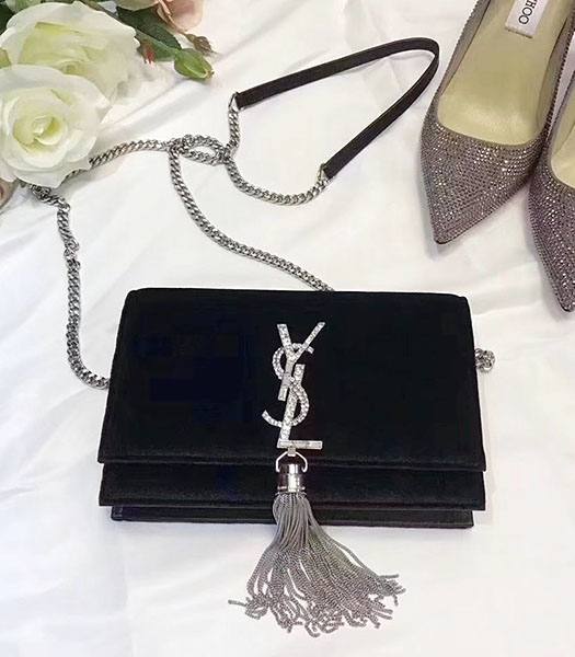 YSL Black Velvet Leather Diamond Logo Tassel Silver Chains 19cm Shoulder Bag