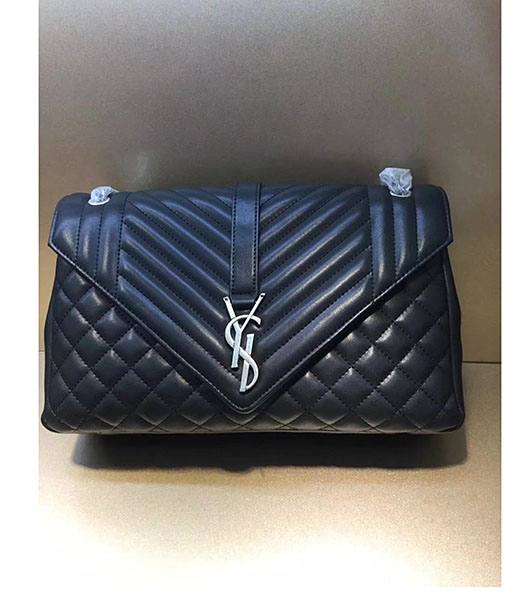 YSL Blue Matelasse Leather Silver Chains 24cm Envelope Shoulder Bag