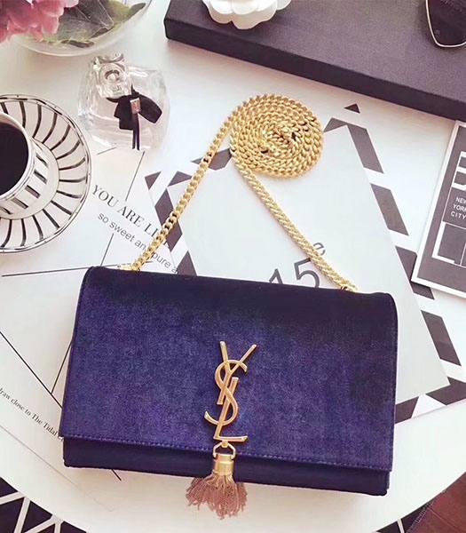 YSL Blue Velvet Leather Tassel Golden Chains 24cm Shoulder Bag