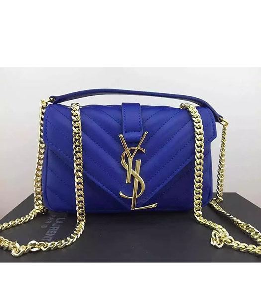 YSL Calfskin Plain Veins Mini Shoulder Bag Golden Chain Blue