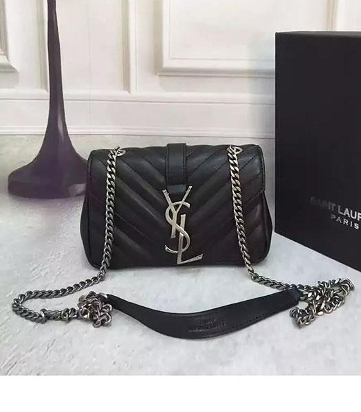 YSL Calfskin Plain Veins Mini Shoulder Bag Silver Chain Black