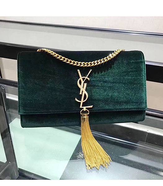 YSL Dark Green Velvet Leather Tassel Golden Chains 24cm Shoulder Bag