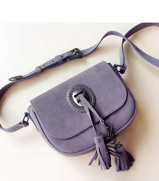 YSL Grey Suede Leather Rivets Fringed Small Shoulder Bag