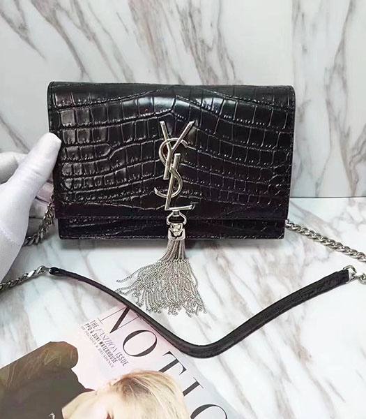 YSL Kate Black Origianl Croc Veins Calfskin Leather Tassel Golden Chains 20cm Handbag