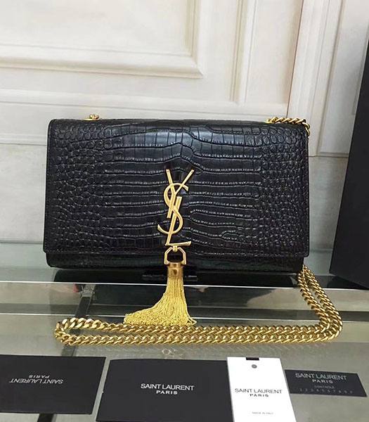 YSL Kate Black Original Origianl Croc Veins Calfskin Leather Tassel Golden Chains 24cm Shoulder Bag