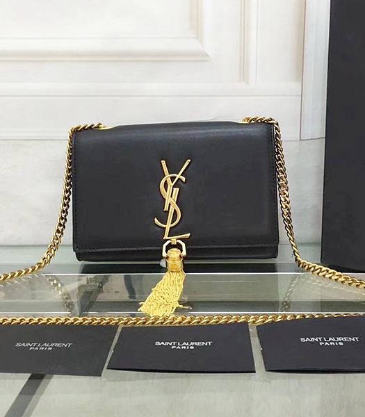 YSL Kate Black Original Plain Veins Calfskin Leather Tassel Golden Chains 17cm Shoulder Bag