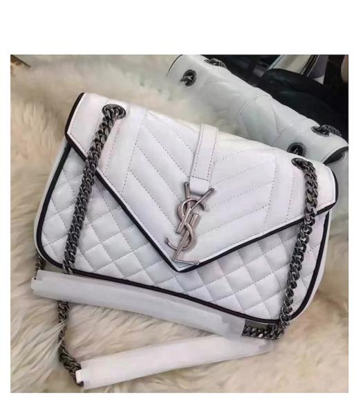 YSL Kate Monogram 23cm White Leather Quilted Chains Bag