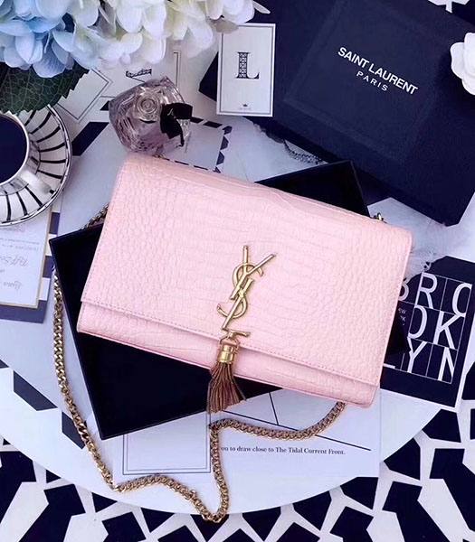 YSL Kate Pink Original Origianl Croc Veins Calfskin Leather Tassel Golden Chains 24cm Shoulder Bag