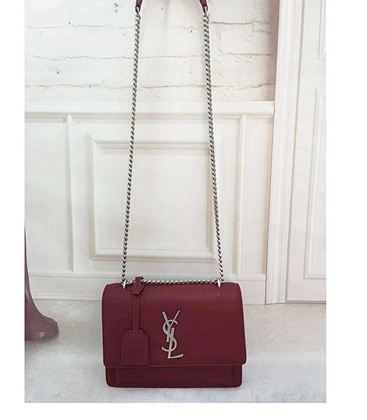 YSL Kate Wine Red Upper Original Calfskin Leather Silver Chains 22cm Shoulder Bag